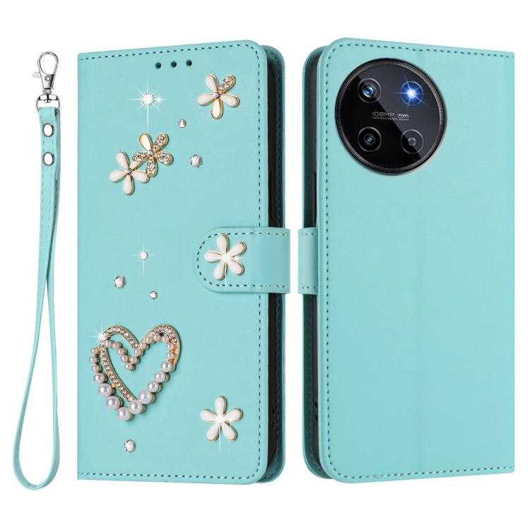 For Realme 11 4G Global ZS01 Double-Layer Heart Floral Vegan Leather Phone Case with Wrist Strap