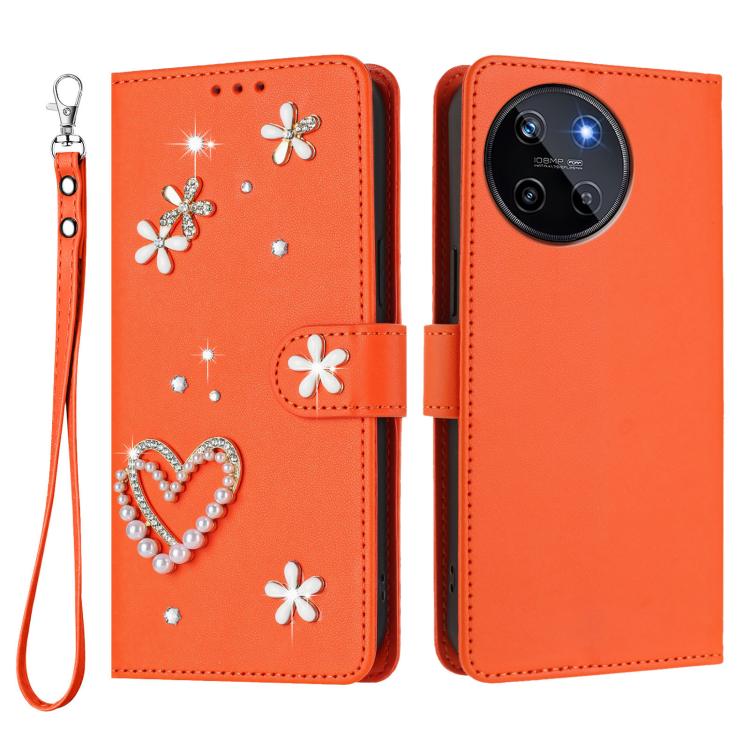 For Realme 11 4G Global ZS01 Double-Layer Heart Floral Vegan Leather Phone Case with Wrist Strap