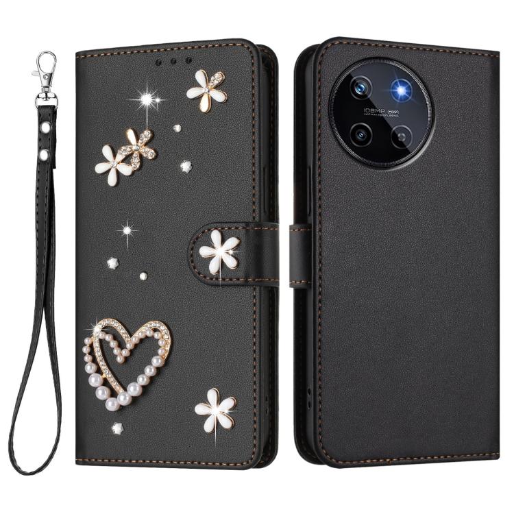 For Realme 11 4G Global ZS01 Double-Layer Heart Floral Vegan Leather Phone Case with Wrist Strap