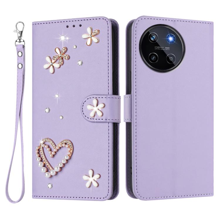 For Realme 11 4G Global ZS01 Double-Layer Heart Floral Vegan Leather Phone Case with Wrist Strap
