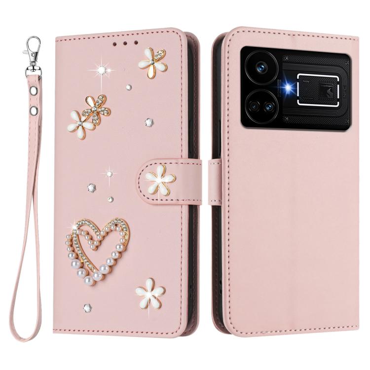 For Realme GT5 240W 5G / GT5 5G ZS01 Double-Layer Heart Floral Vegan Leather Phone Case with Wrist Strap