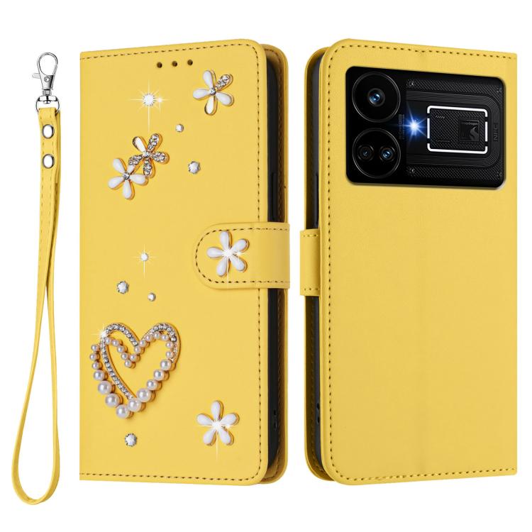 For Realme GT5 240W 5G / GT5 5G ZS01 Double-Layer Heart Floral Vegan Leather Phone Case with Wrist Strap
