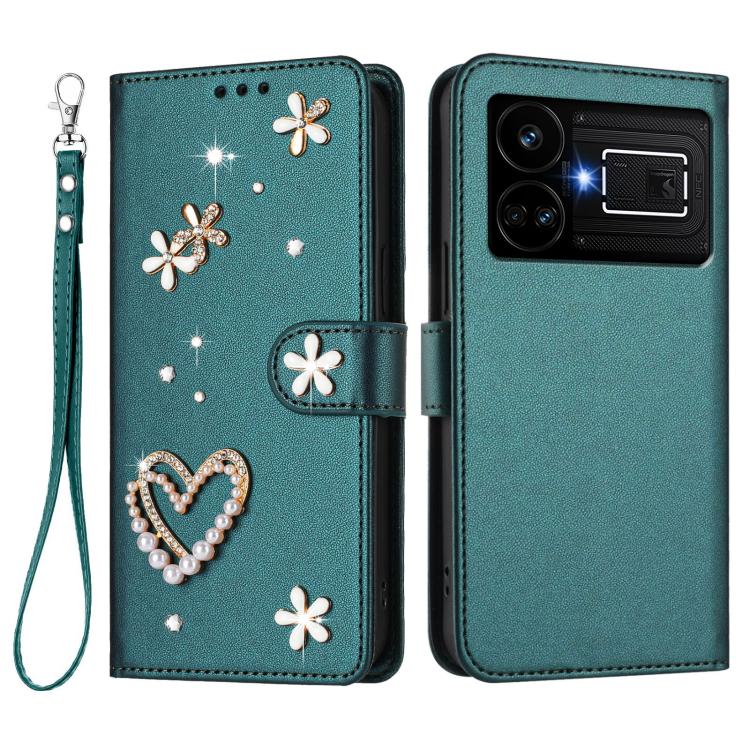 For Realme GT5 240W 5G / GT5 5G ZS01 Double-Layer Heart Floral Vegan Leather Phone Case with Wrist Strap