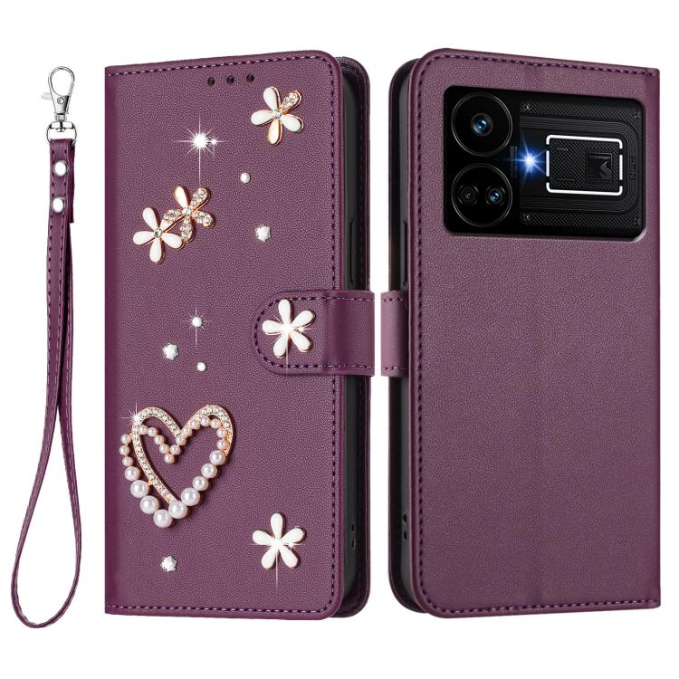 For Realme GT5 240W 5G / GT5 5G ZS01 Double-Layer Heart Floral Vegan Leather Phone Case with Wrist Strap