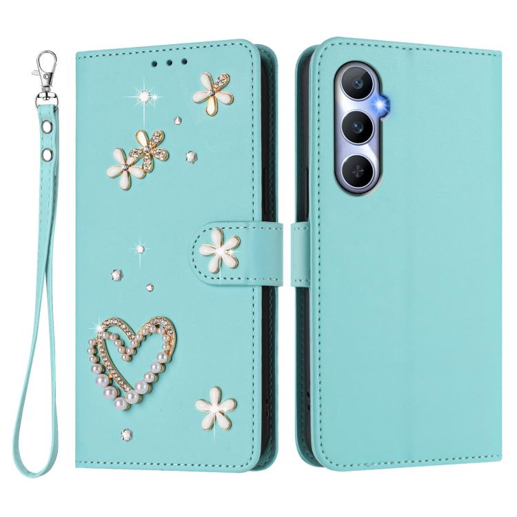 For Realme C65 4G Global ZS01 Double-Layer Heart Floral Vegan Leather Phone Case with Wrist Strap