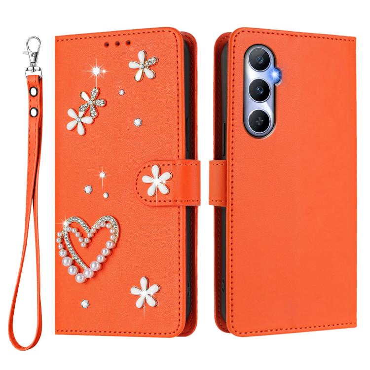 For Realme C65 4G Global ZS01 Double-Layer Heart Floral Vegan Leather Phone Case with Wrist Strap