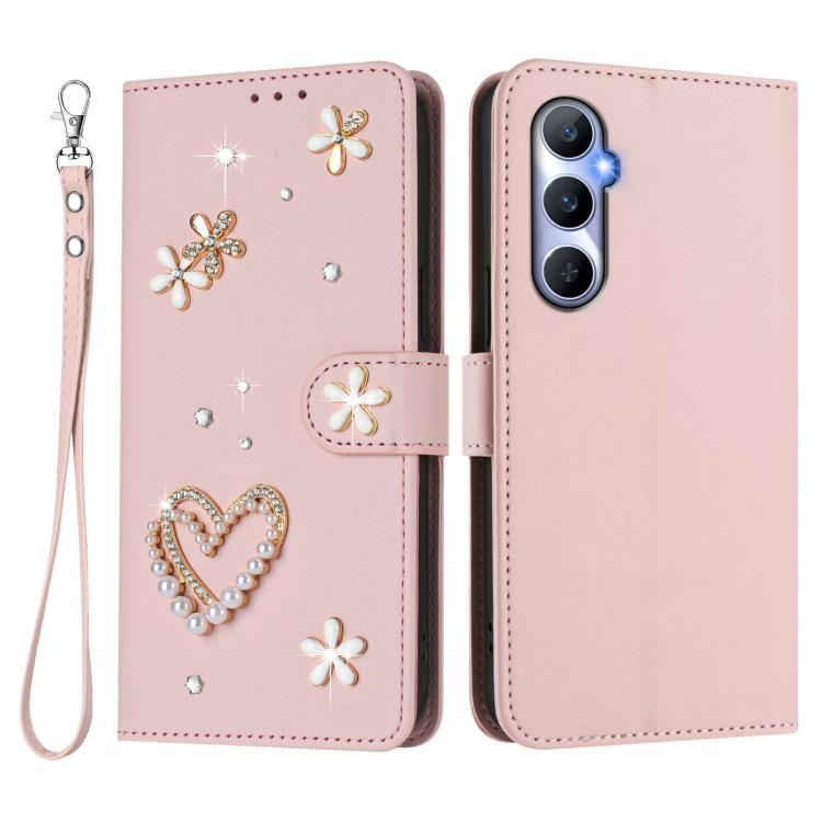 For Realme C65 4G Global ZS01 Double-Layer Heart Floral Vegan Leather Phone Case with Wrist Strap