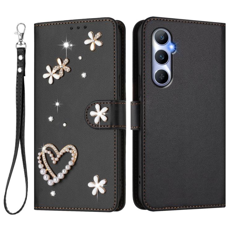 For Realme C65 4G Global ZS01 Double-Layer Heart Floral Vegan Leather Phone Case with Wrist Strap