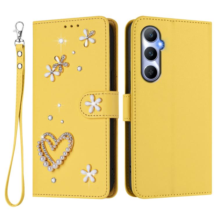 For Realme C65 4G Global ZS01 Double-Layer Heart Floral Vegan Leather Phone Case with Wrist Strap