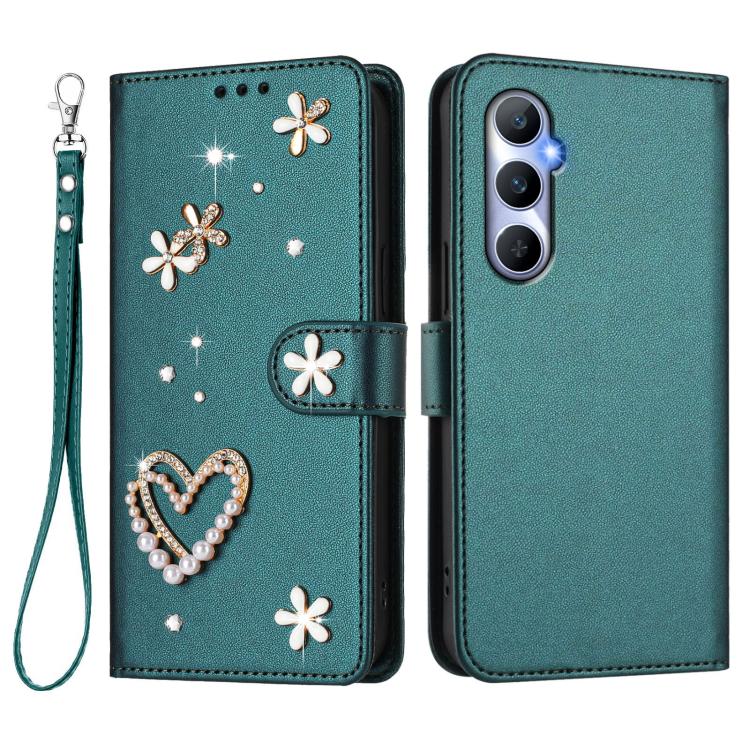 For Realme C65 4G Global ZS01 Double-Layer Heart Floral Vegan Leather Phone Case with Wrist Strap