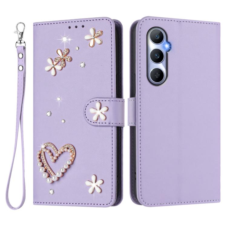 For Realme C65 4G Global ZS01 Double-Layer Heart Floral Vegan Leather Phone Case with Wrist Strap