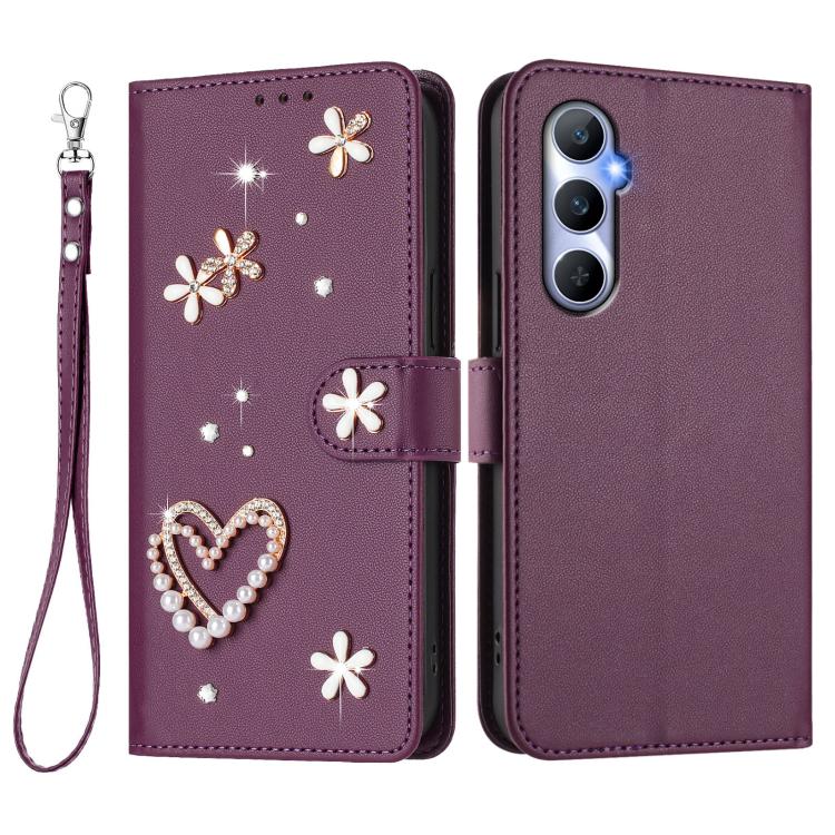 For Realme C65 4G Global ZS01 Double-Layer Heart Floral Vegan Leather Phone Case with Wrist Strap