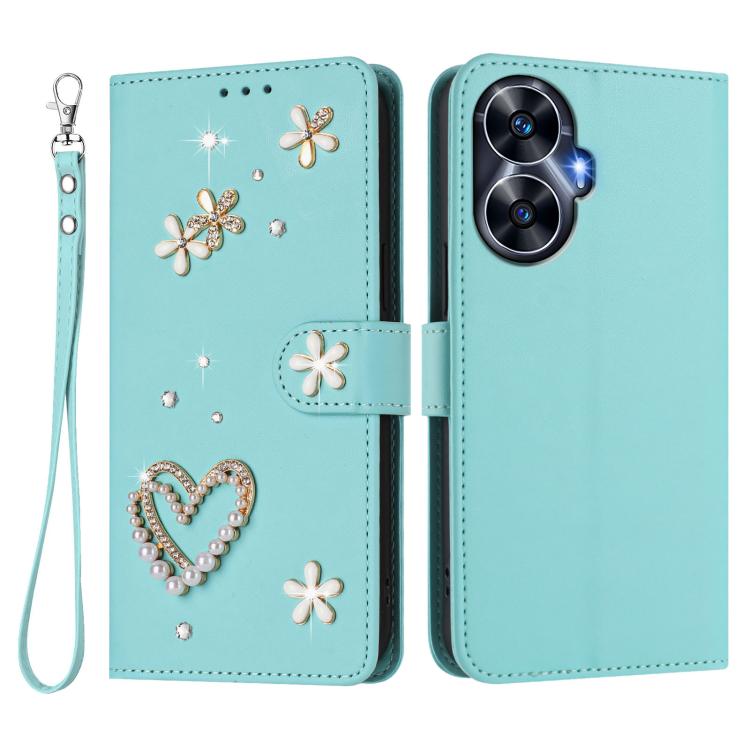 For Realme C55 4G Global / Narzo N55 ZS01 Double-Layer Heart Floral Vegan Leather Phone Case with Wrist Strap