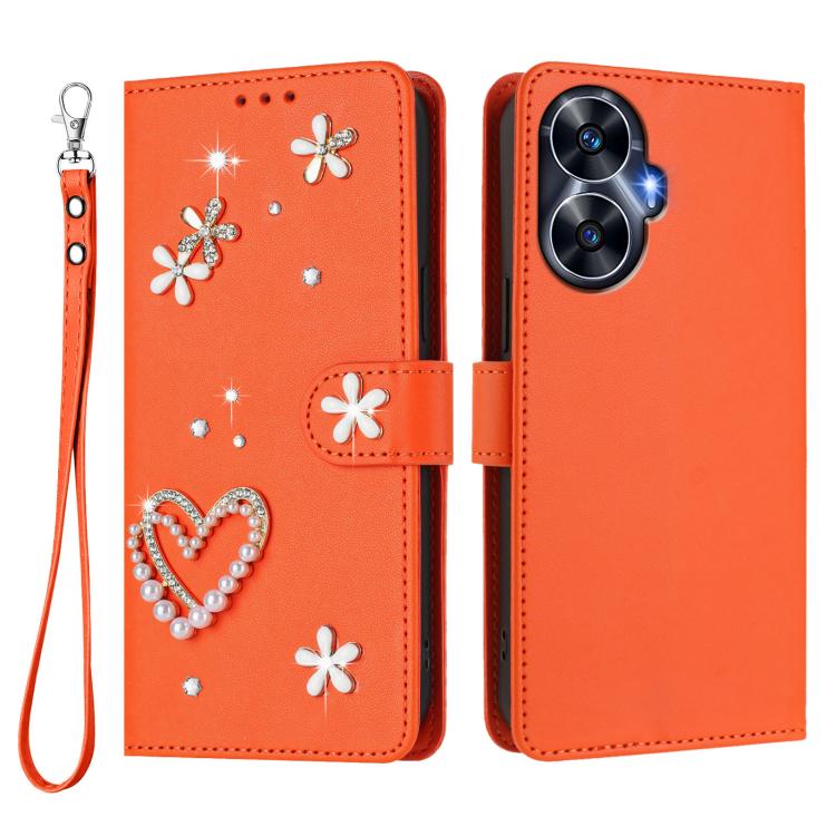 For Realme C55 4G Global / Narzo N55 ZS01 Double-Layer Heart Floral Vegan Leather Phone Case with Wrist Strap