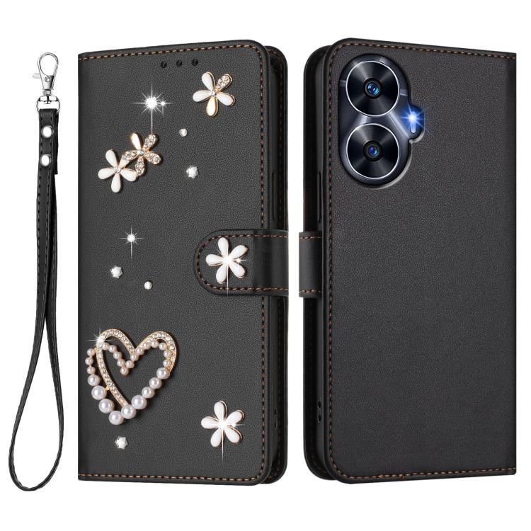 For Realme C55 4G Global / Narzo N55 ZS01 Double-Layer Heart Floral Vegan Leather Phone Case with Wrist Strap