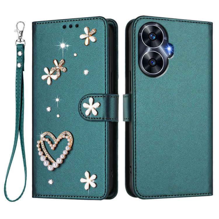 For Realme C55 4G Global / Narzo N55 ZS01 Double-Layer Heart Floral Vegan Leather Phone Case with Wrist Strap