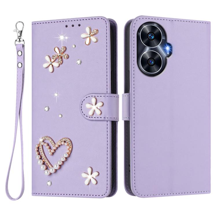 For Realme C55 4G Global / Narzo N55 ZS01 Double-Layer Heart Floral Vegan Leather Phone Case with Wrist Strap