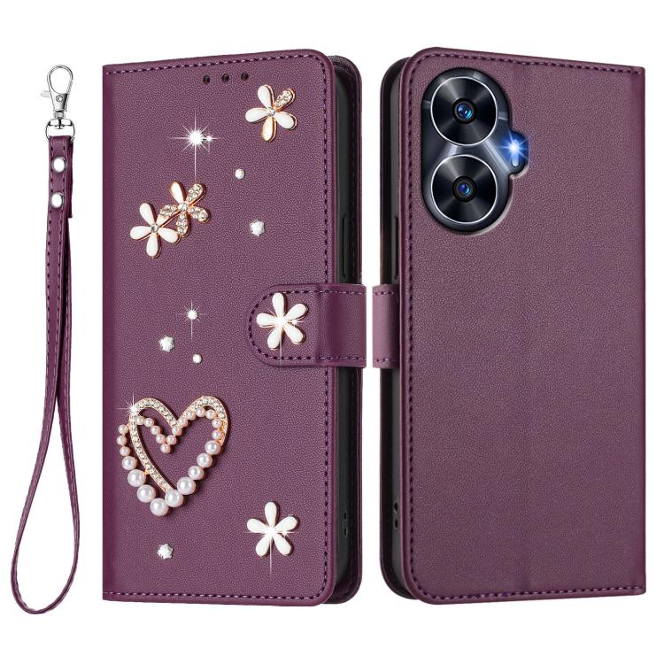 For Realme C55 4G Global / Narzo N55 ZS01 Double-Layer Heart Floral Vegan Leather Phone Case with Wrist Strap