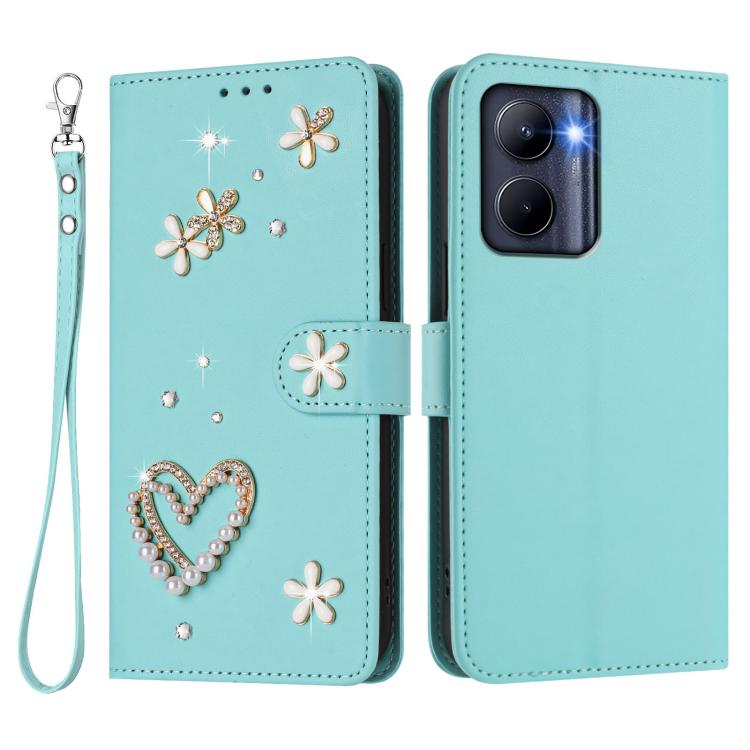 For Realme C33 2023 Global / 2022 Global ZS01 Double-Layer Heart Floral Vegan Leather Phone Case with Wrist Strap