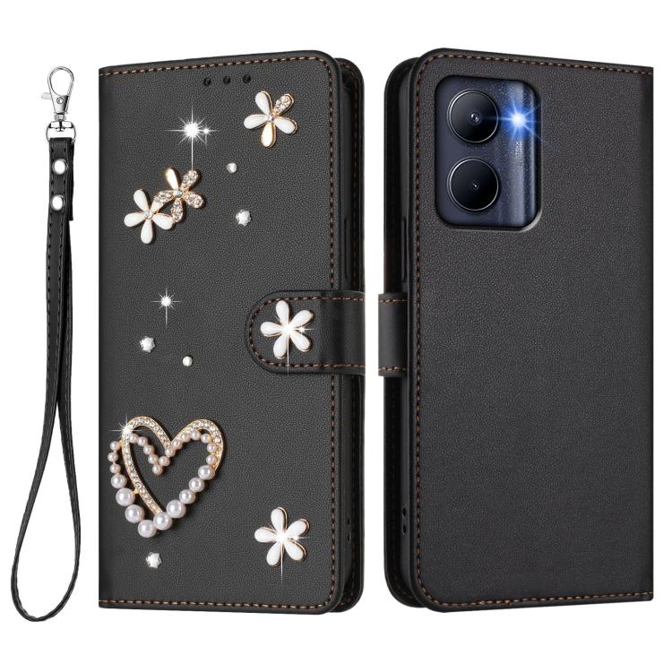 For Realme C33 2023 Global / 2022 Global ZS01 Double-Layer Heart Floral Vegan Leather Phone Case with Wrist Strap