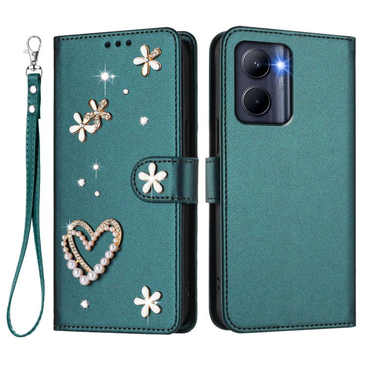 For Realme C33 2023 Global / 2022 Global ZS01 Double-Layer Heart Floral Vegan Leather Phone Case with Wrist Strap