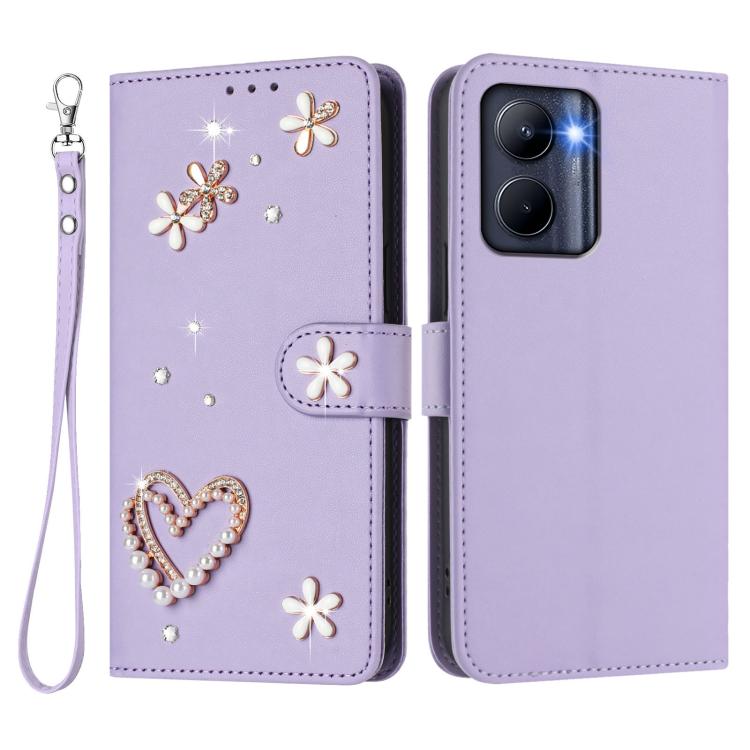 For Realme C33 2023 Global / 2022 Global ZS01 Double-Layer Heart Floral Vegan Leather Phone Case with Wrist Strap