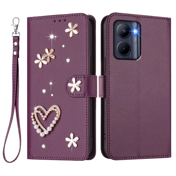 For Realme C33 2023 Global / 2022 Global ZS01 Double-Layer Heart Floral Vegan Leather Phone Case with Wrist Strap
