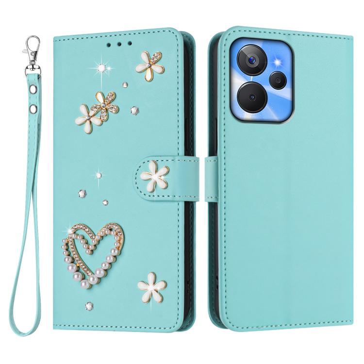 For Realme 10T 5G / 10s 5G / 9i 5G India ZS01 Double-Layer Heart Floral Vegan Leather Phone Case with Wrist Strap