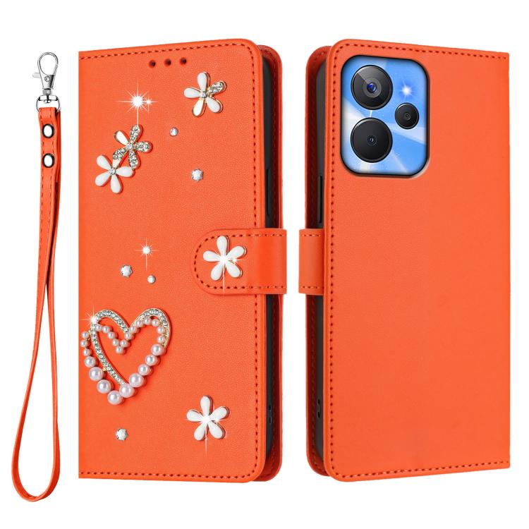 For Realme 10T 5G / 10s 5G / 9i 5G India ZS01 Double-Layer Heart Floral Vegan Leather Phone Case with Wrist Strap