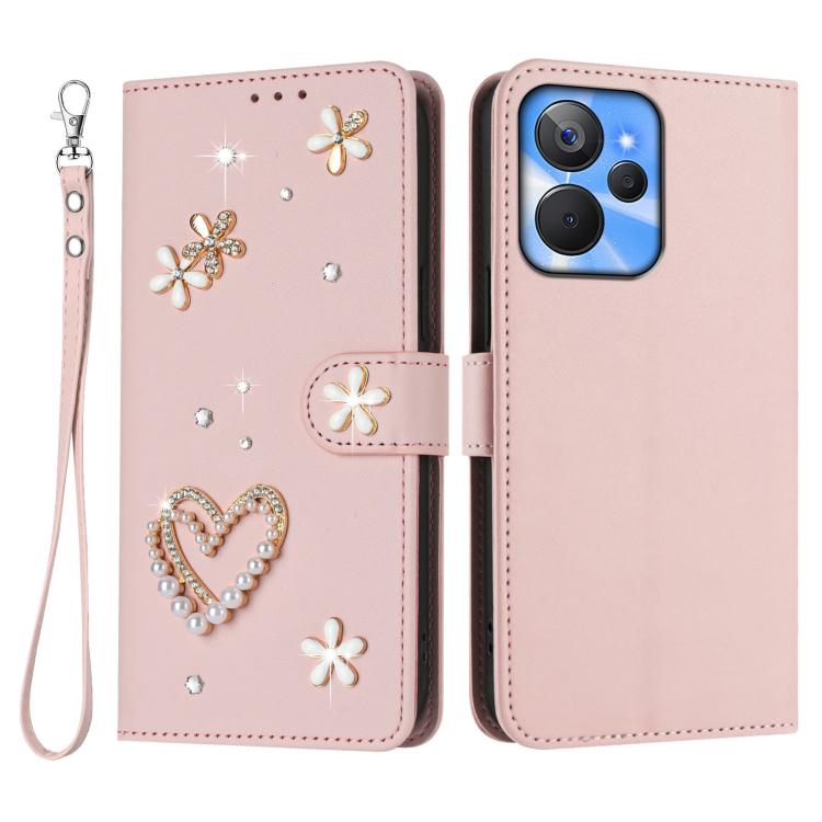For Realme 10T 5G / 10s 5G / 9i 5G India ZS01 Double-Layer Heart Floral Vegan Leather Phone Case with Wrist Strap