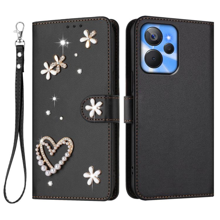 For Realme 10T 5G / 10s 5G / 9i 5G India ZS01 Double-Layer Heart Floral Vegan Leather Phone Case with Wrist Strap