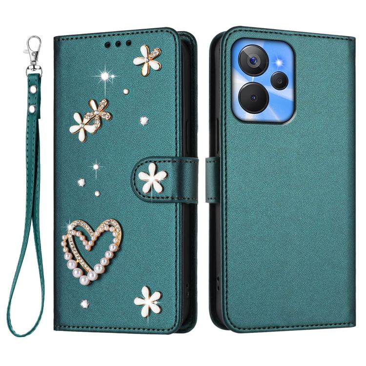 For Realme 10T 5G / 10s 5G / 9i 5G India ZS01 Double-Layer Heart Floral Vegan Leather Phone Case with Wrist Strap