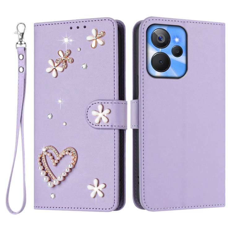 For Realme 10T 5G / 10s 5G / 9i 5G India ZS01 Double-Layer Heart Floral Vegan Leather Phone Case with Wrist Strap