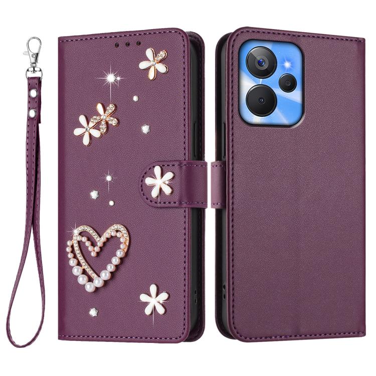 For Realme 10T 5G / 10s 5G / 9i 5G India ZS01 Double-Layer Heart Floral Vegan Leather Phone Case with Wrist Strap