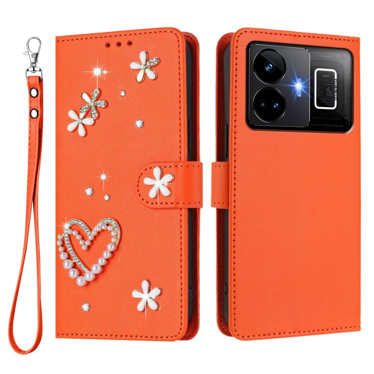 For Realme GT3 5G / GT Neo 5 240W ZS01 Double-Layer Heart Floral Vegan Leather Phone Case with Wrist Strap