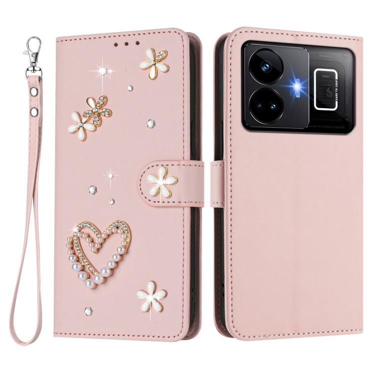 For Realme GT3 5G / GT Neo 5 240W ZS01 Double-Layer Heart Floral Vegan Leather Phone Case with Wrist Strap