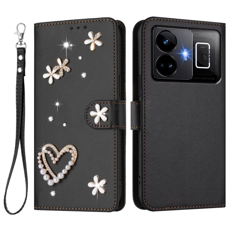 For Realme GT3 5G / GT Neo 5 240W ZS01 Double-Layer Heart Floral Vegan Leather Phone Case with Wrist Strap