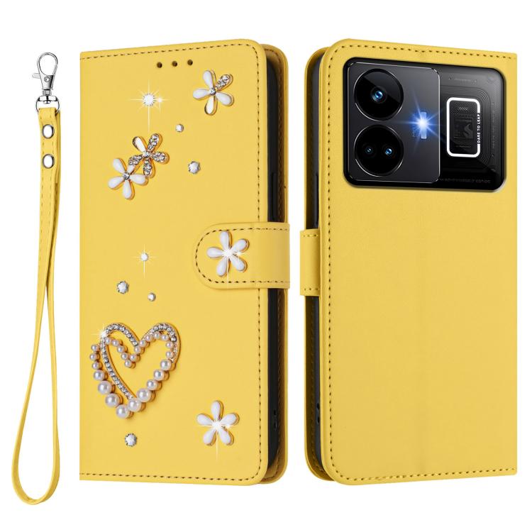 For Realme GT3 5G / GT Neo 5 240W ZS01 Double-Layer Heart Floral Vegan Leather Phone Case with Wrist Strap