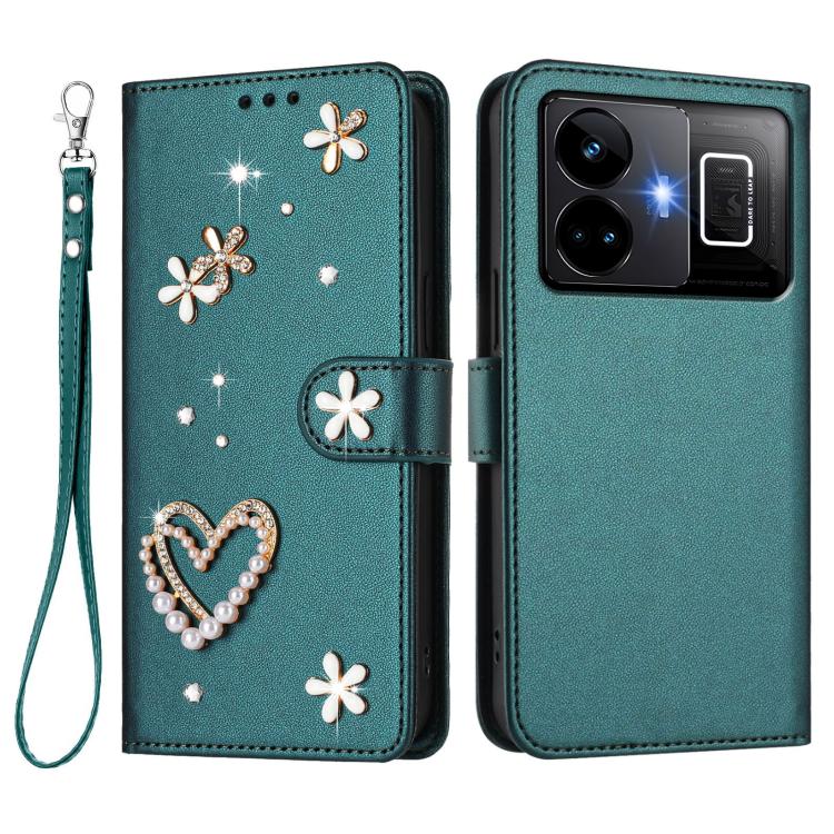 For Realme GT3 5G / GT Neo 5 240W ZS01 Double-Layer Heart Floral Vegan Leather Phone Case with Wrist Strap