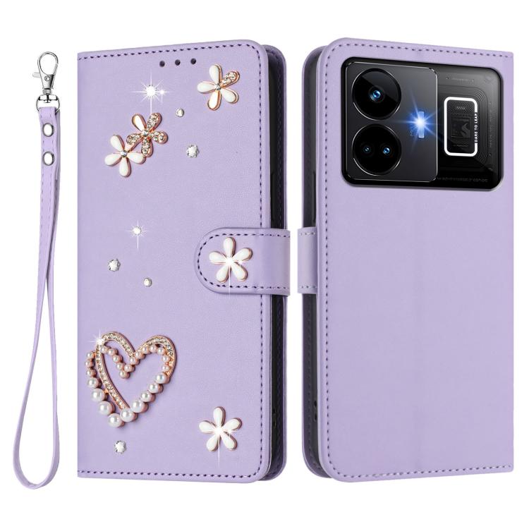 For Realme GT3 5G / GT Neo 5 240W ZS01 Double-Layer Heart Floral Vegan Leather Phone Case with Wrist Strap