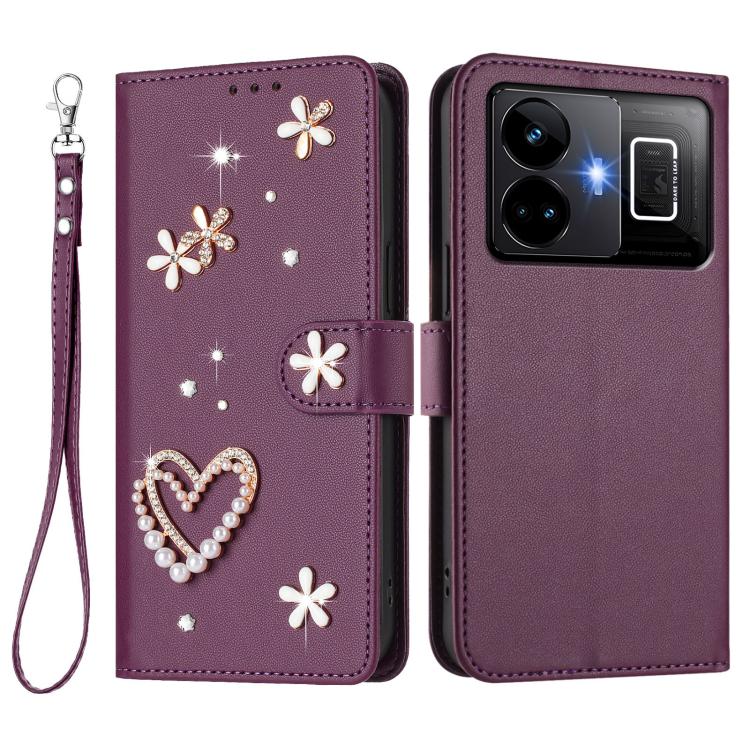 For Realme GT3 5G / GT Neo 5 240W ZS01 Double-Layer Heart Floral Vegan Leather Phone Case with Wrist Strap