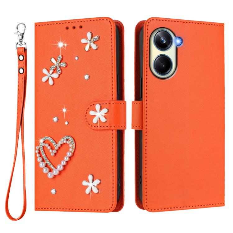 For Realme 10 Pro 5G ZS01 Double-Layer Heart Floral Vegan Leather Phone Case with Wrist Strap