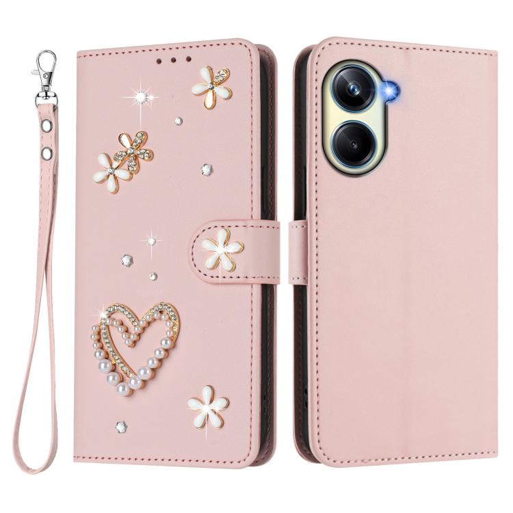 For Realme 10 Pro 5G ZS01 Double-Layer Heart Floral Vegan Leather Phone Case with Wrist Strap