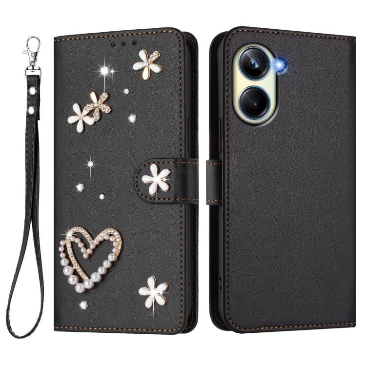 For Realme 10 Pro 5G ZS01 Double-Layer Heart Floral Vegan Leather Phone Case with Wrist Strap