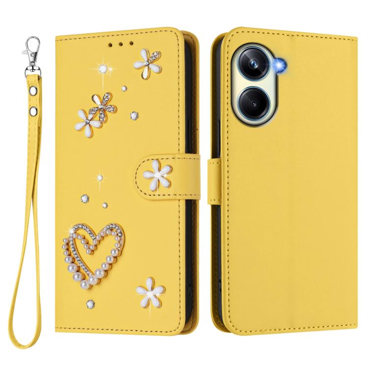 For Realme 10 Pro 5G ZS01 Double-Layer Heart Floral Vegan Leather Phone Case with Wrist Strap
