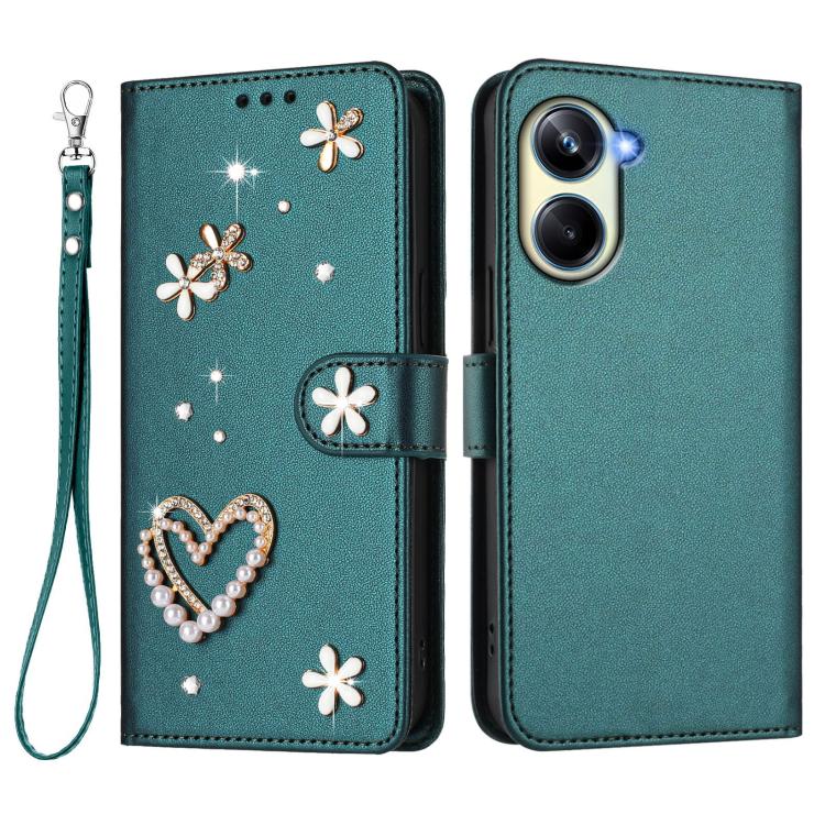 For Realme 10 Pro 5G ZS01 Double-Layer Heart Floral Vegan Leather Phone Case with Wrist Strap