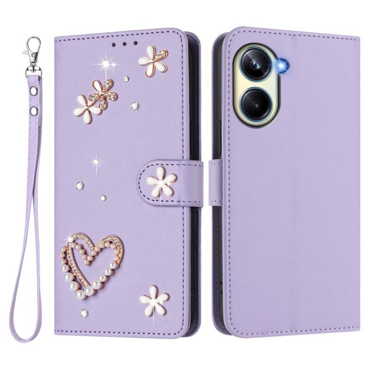 For Realme 10 Pro 5G ZS01 Double-Layer Heart Floral Vegan Leather Phone Case with Wrist Strap