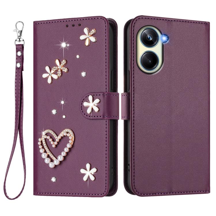 For Realme 10 Pro 5G ZS01 Double-Layer Heart Floral Vegan Leather Phone Case with Wrist Strap