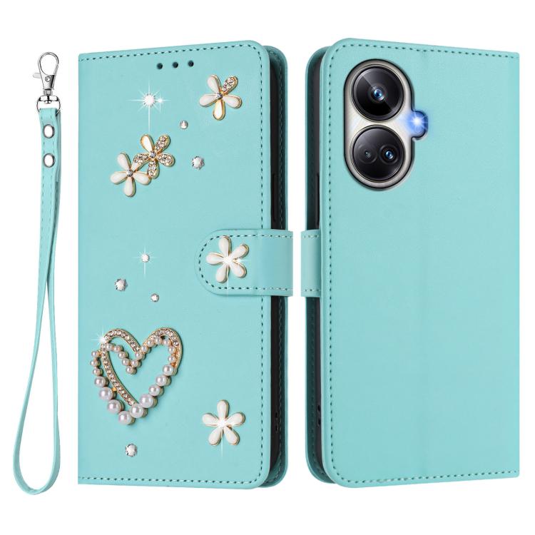 For Realme 10 Pro+ 5G ZS01 Double-Layer Heart Floral Vegan Leather Phone Case with Wrist Strap