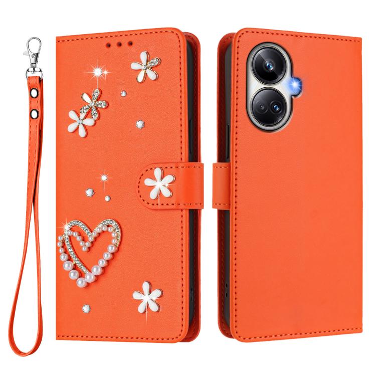 For Realme 10 Pro+ 5G ZS01 Double-Layer Heart Floral Vegan Leather Phone Case with Wrist Strap